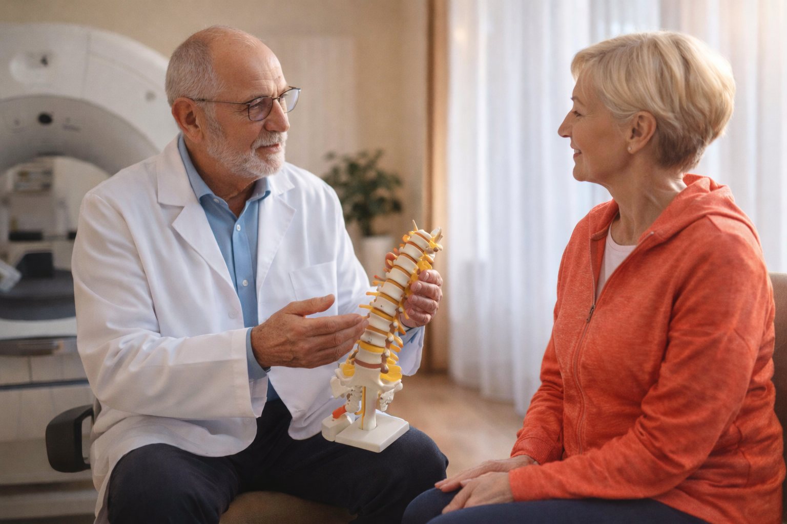 Lekár vysvetľuje pacientke liečbu chrbtice pomocou modelu chrbtice v ambulancii